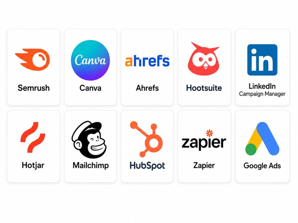 10 Powerful Digital Marketing Tools For 2026 1 Collage of 10 digital marketing tools for 2026, including Semrush, Canva, Ahrefs, Hootsuite, LinkedIn Campaign Manager, Hotjar, Mailchimp, HubSpot, Zapier, and Google Ads.